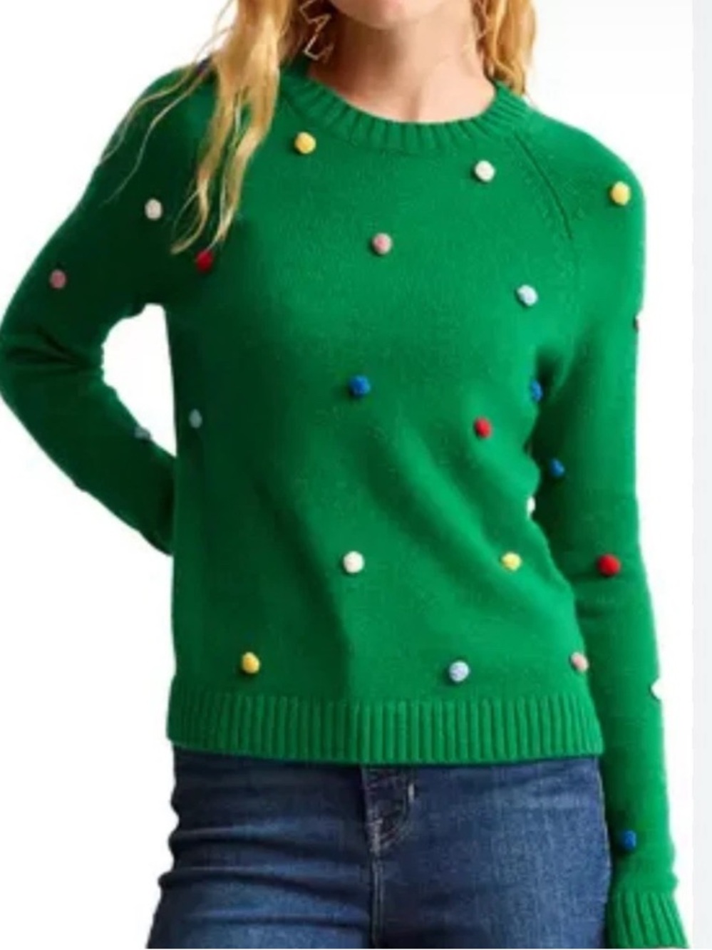 Boden Green Pom-Pom Crewneck Sweater size small
